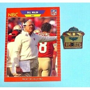 1985 SUPER BOWL XIX  ABC Press Pin  and  1989- Bill Walsh Pro Set Card #30